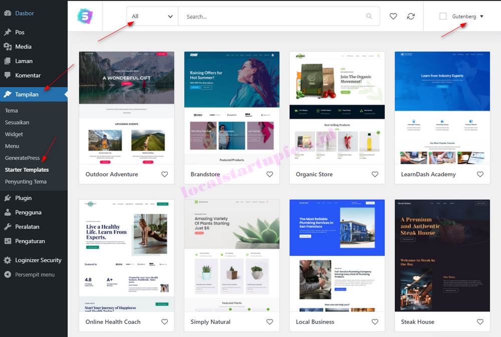 cara menggunakan plugin starter templates website