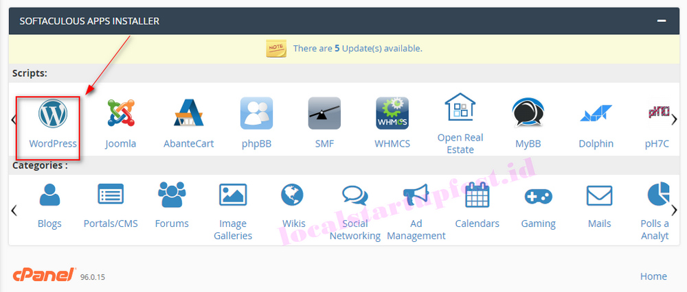 menu instal wordpress di softaculous
