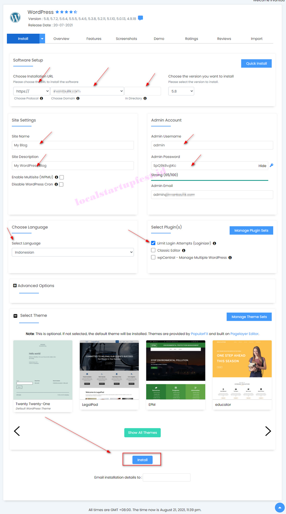 setting instal wordpress di softaculous